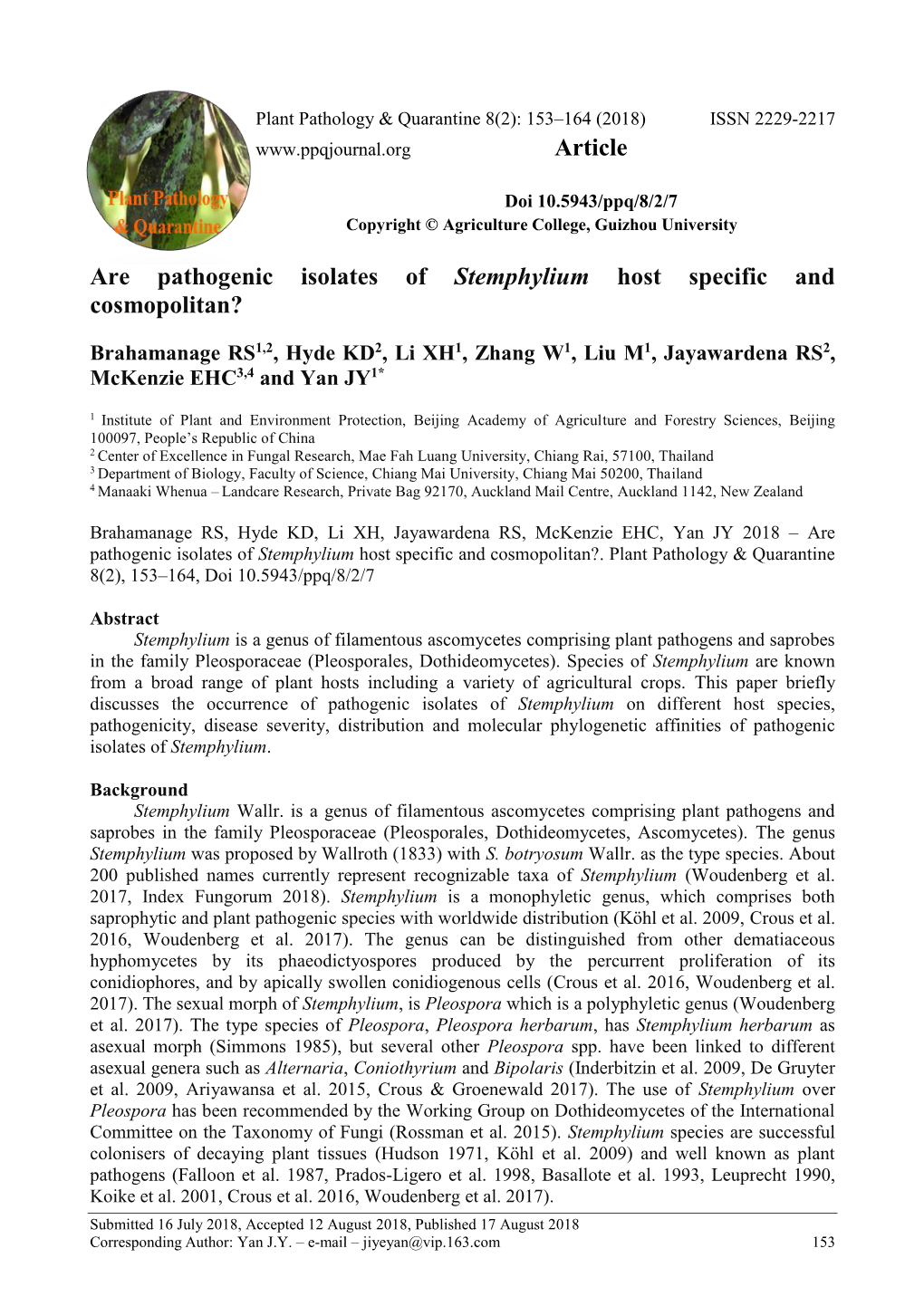 Are Pathogenic Isolates of Stemphylium Host Specific and Cosmopolitan?