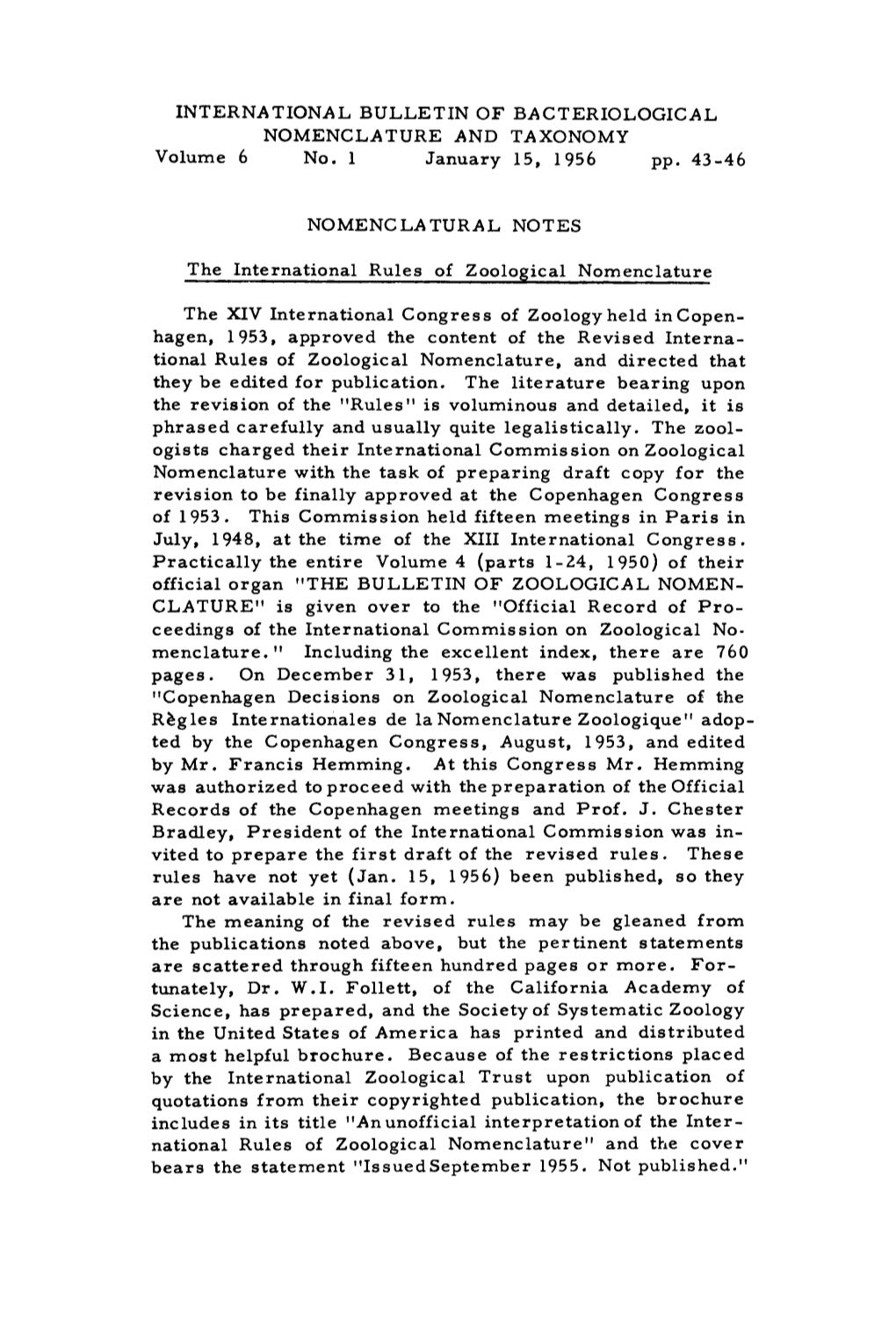 INTERNATIONAL BULLETIN of BACTERIOLOGICAL NOMENCLATURE and TAXONOMY Volume 6 No