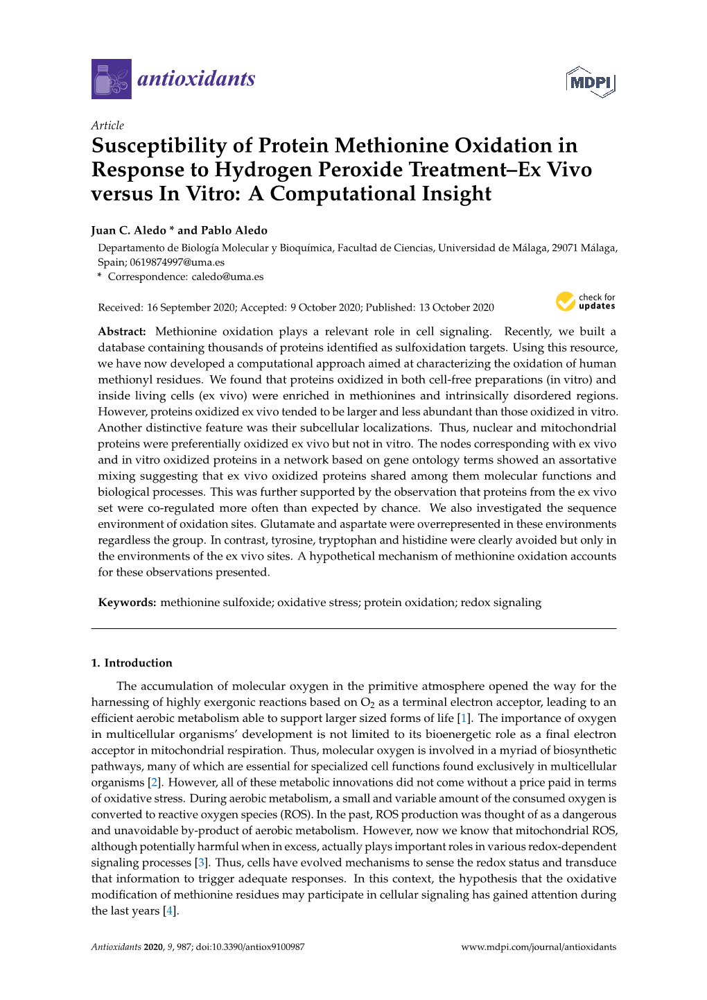 Susceptibility of Protein Methionine Oxidation in Response to Hydrogen Peroxide Treatment–Ex Vivo Versus in Vitro: a Computational Insight