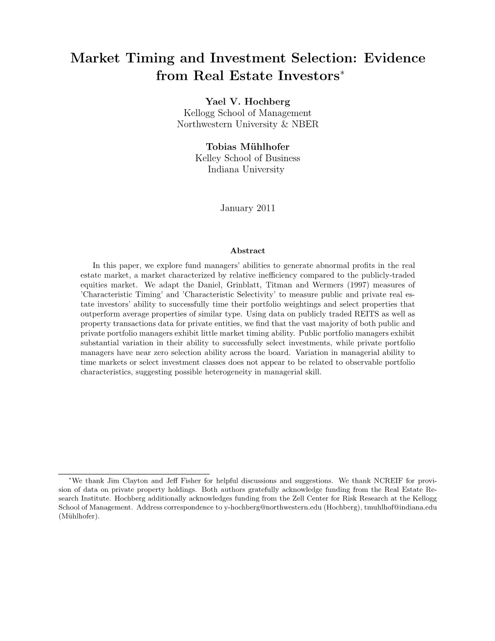 Market Timing and Investment Selection: Evidence from Real Estate Investors∗