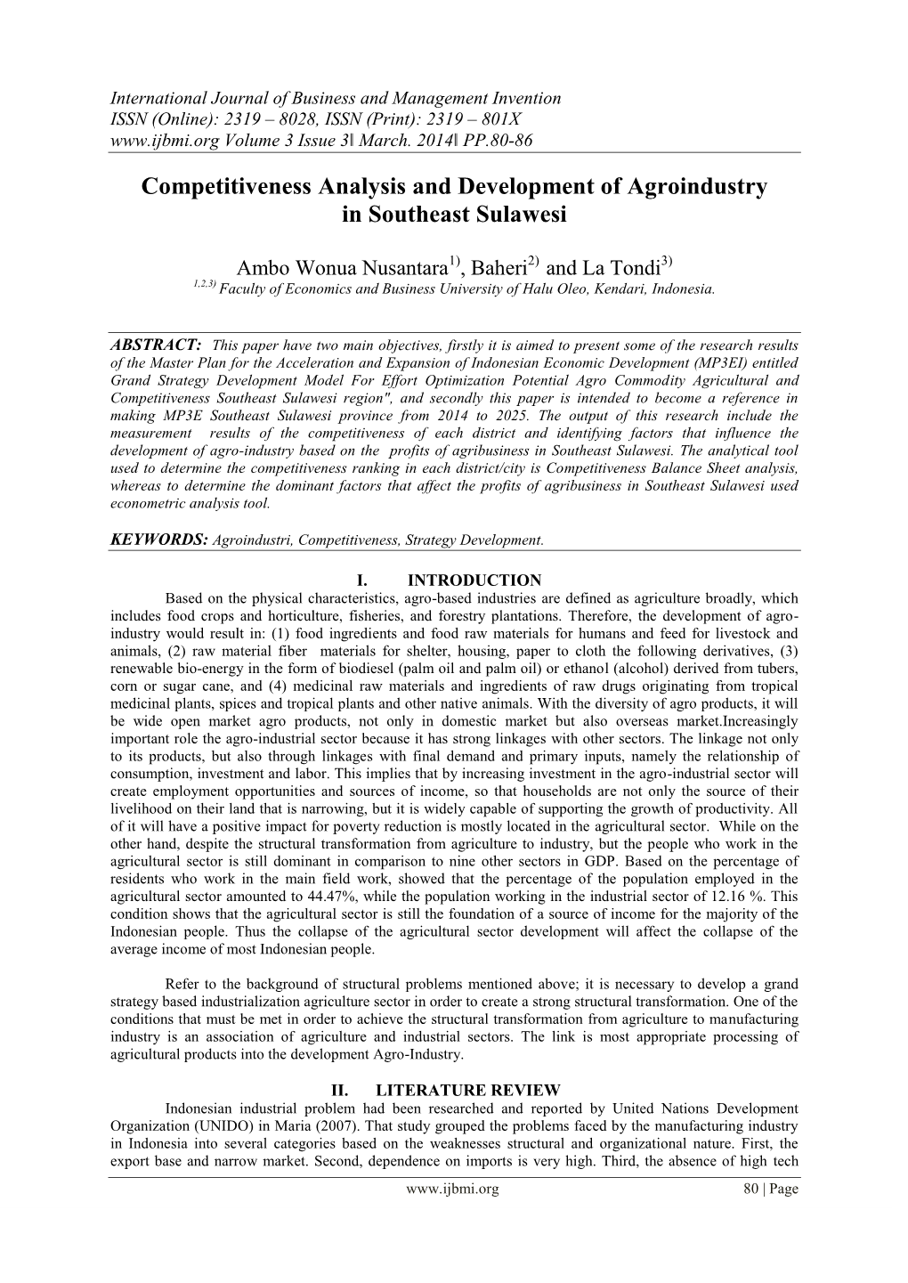 Competitiveness Analysis and Development of Agroindustry in Southeast Sulawesi