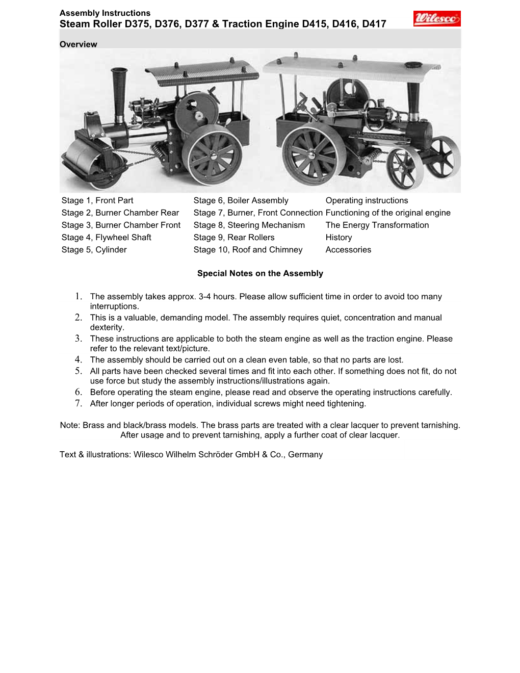 Assembly Instructions Steam Roller D375, D376, D377 & Traction Engine D415, D416, D417