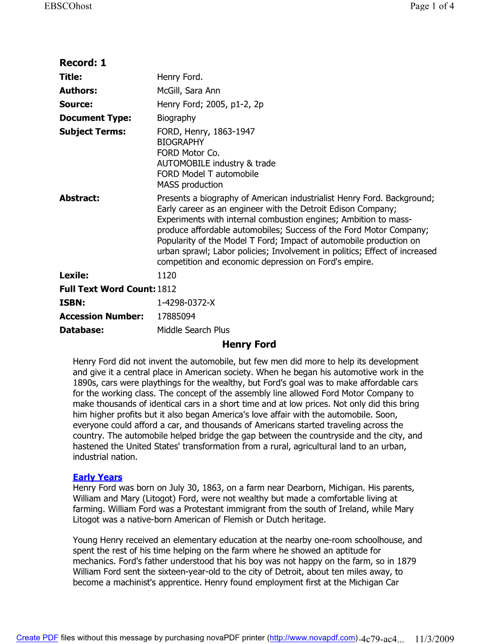 Record: 1 Henry Ford Page 1 of 4 Ebscohost 11/3/2009