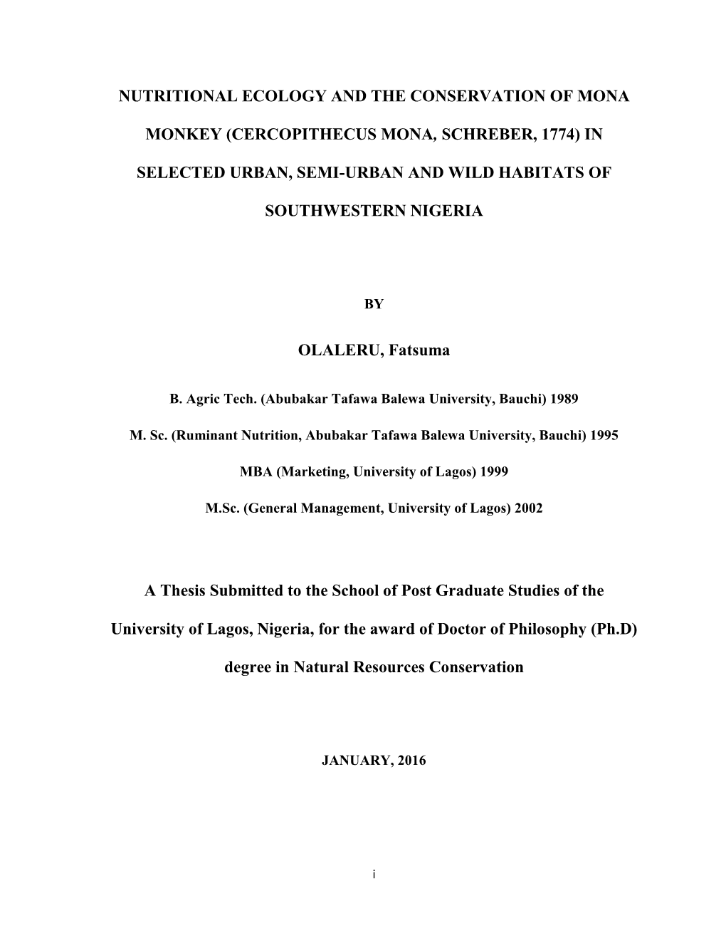 Nutritional Ecology and the Conservation of Mona Monkey