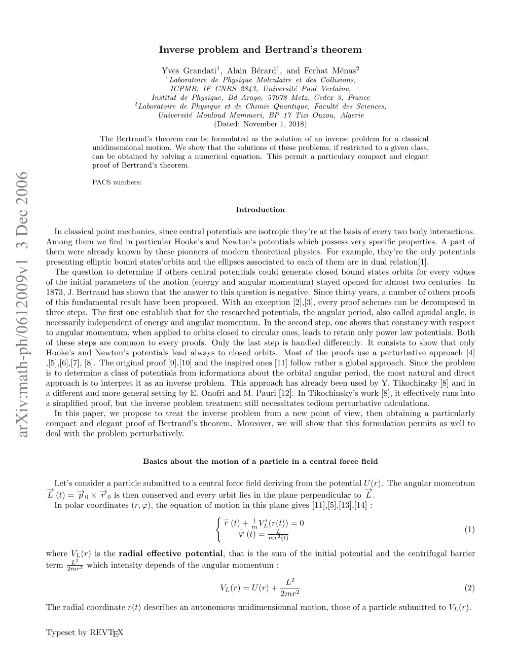 Inverse Problem and Bertrand's Theorem