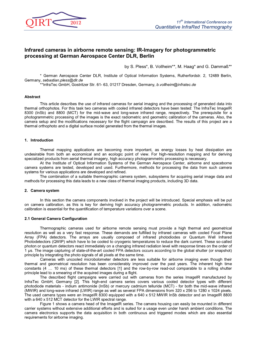 Infrared Cameras in Airborne Remote Sensing: IR-Imagery for Photogrammetric Processing at German Aerospace Center DLR, Berlin