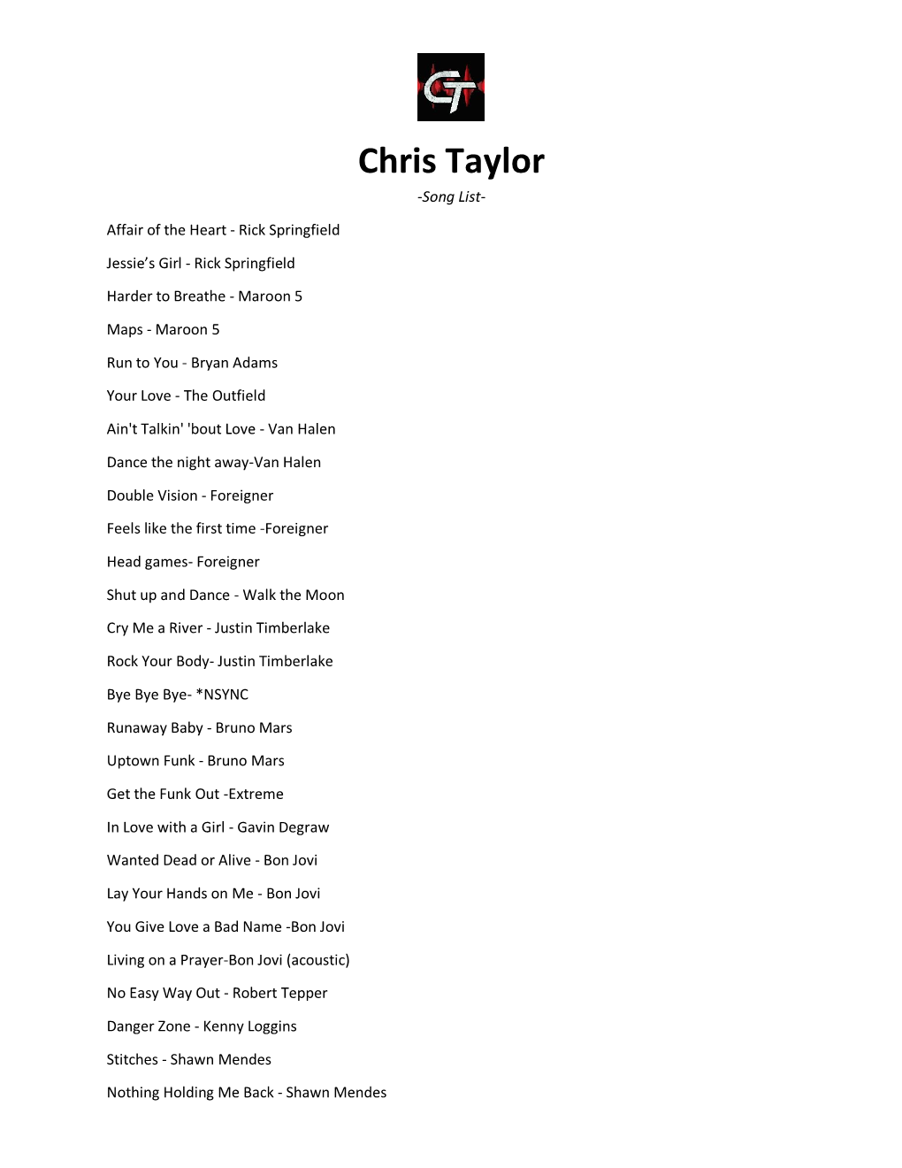 Chris Taylor -Song List