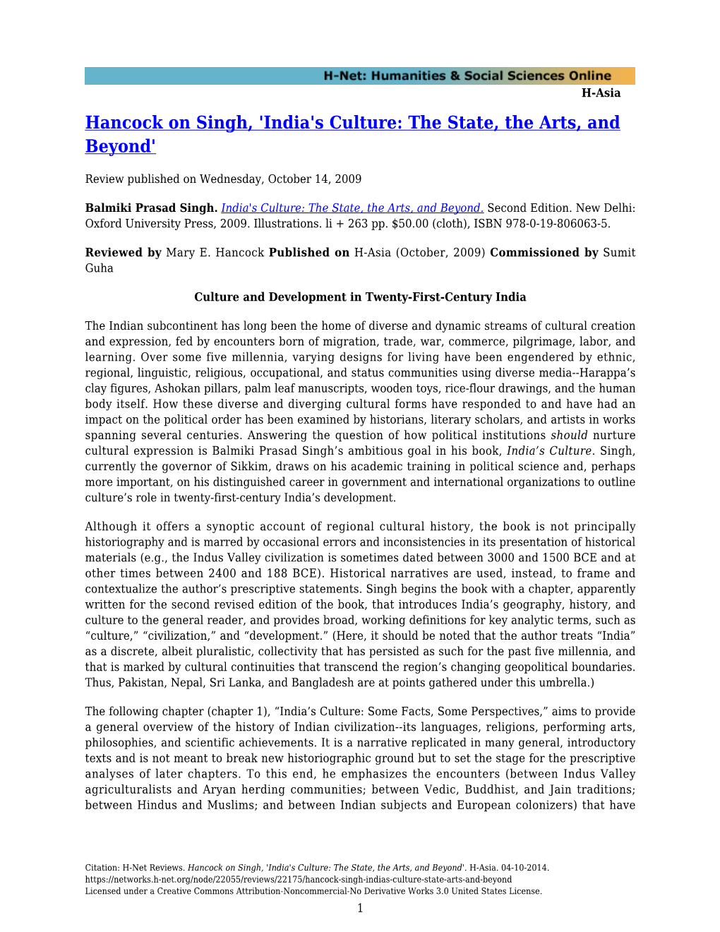 Hancock on Singh, 'India's Culture: the State, the Arts, and Beyond'