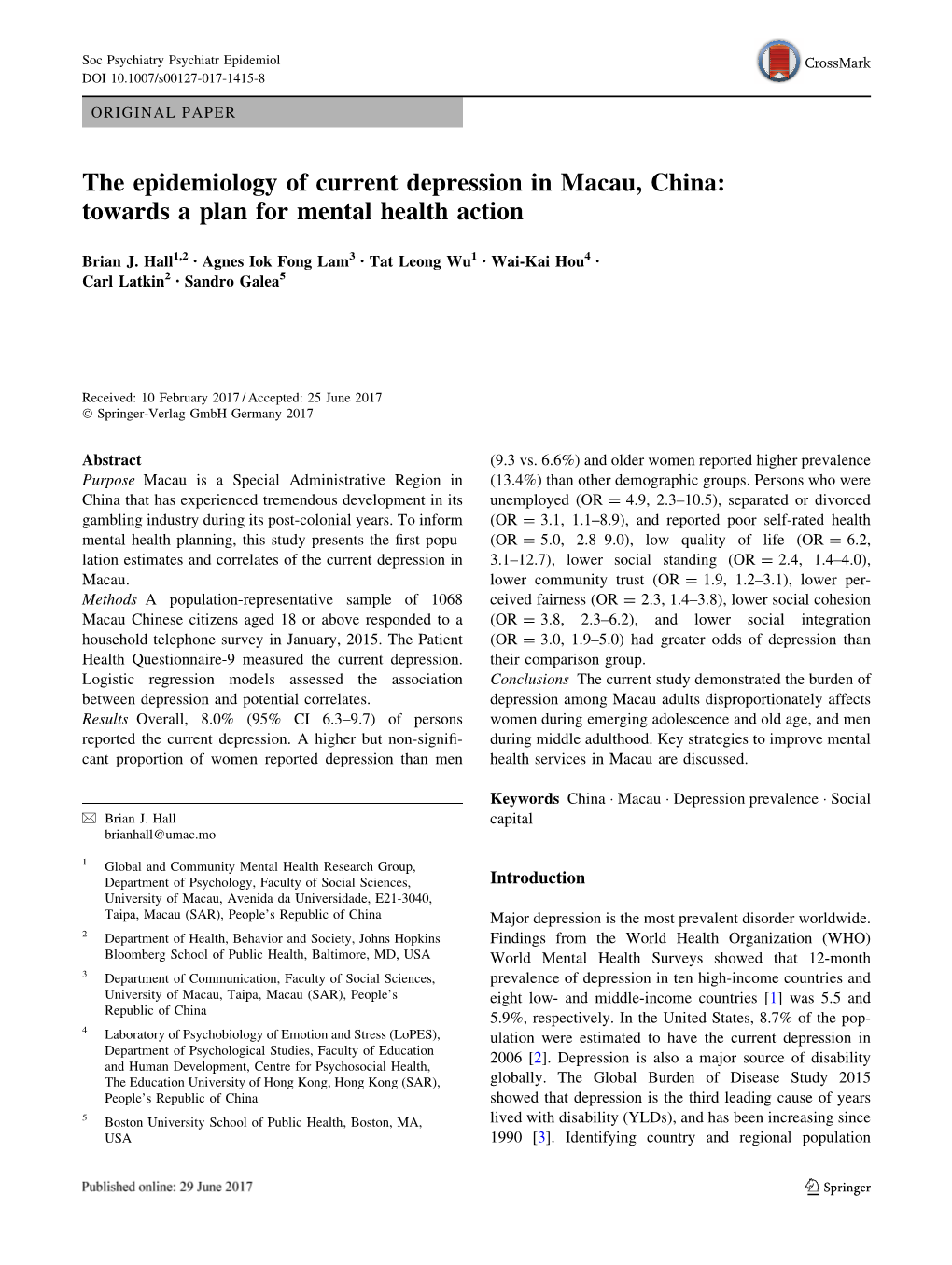 The Epidemiology of Current Depression in Macau, China: Towards a Plan for Mental Health Action