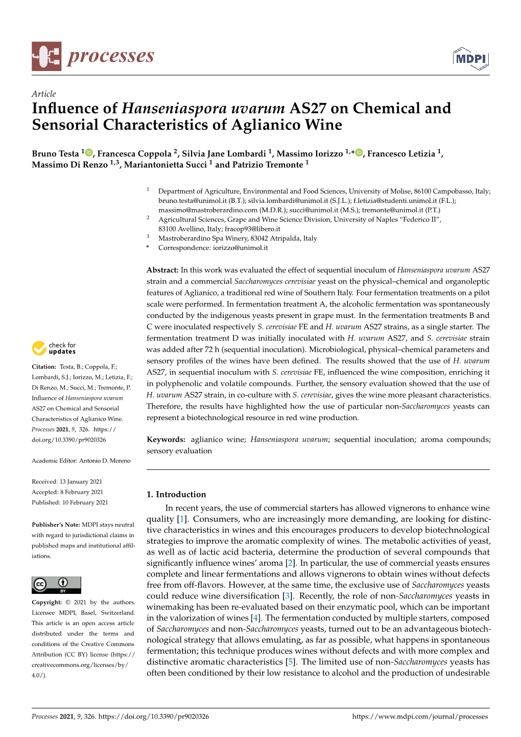 Influence of Hanseniaspora Uvarum AS27 on Chemical and Sensorial