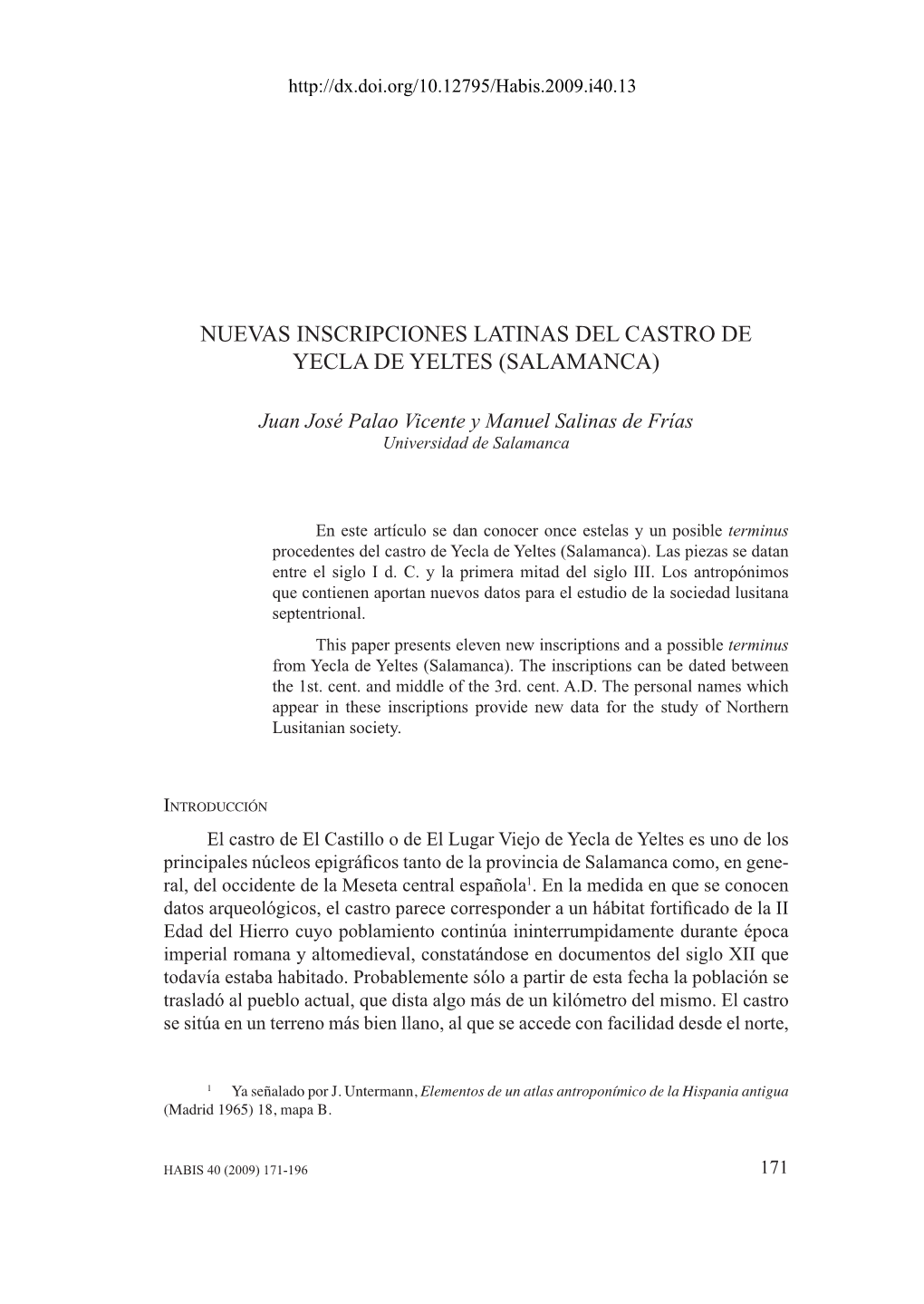 Nuevas Inscripciones Latinas Del Castro De Yecla De Yeltes (Salamanca)