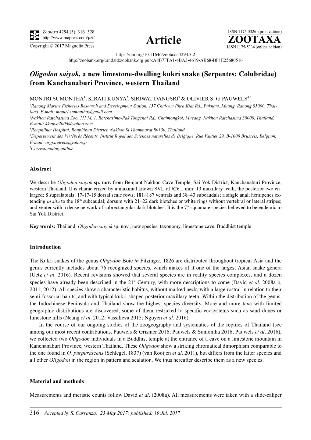 Oligodon Saiyok, a New Limestone-Dwelling Kukri Snake (Serpentes: Colubridae) from Kanchanaburi Province, Western Thailand