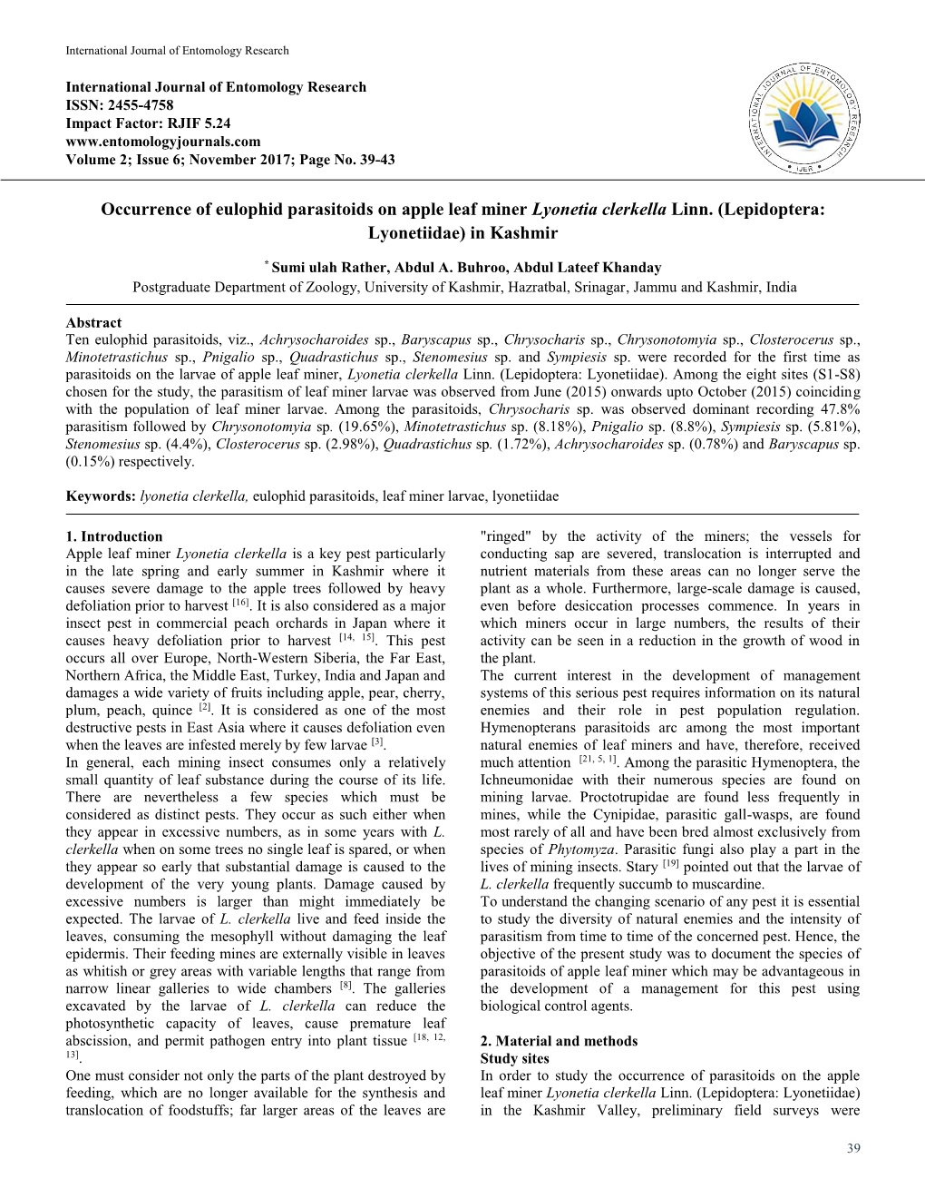 Occurrence of Eulophid Parasitoids on Apple Leaf Miner Lyonetia Clerkella Linn