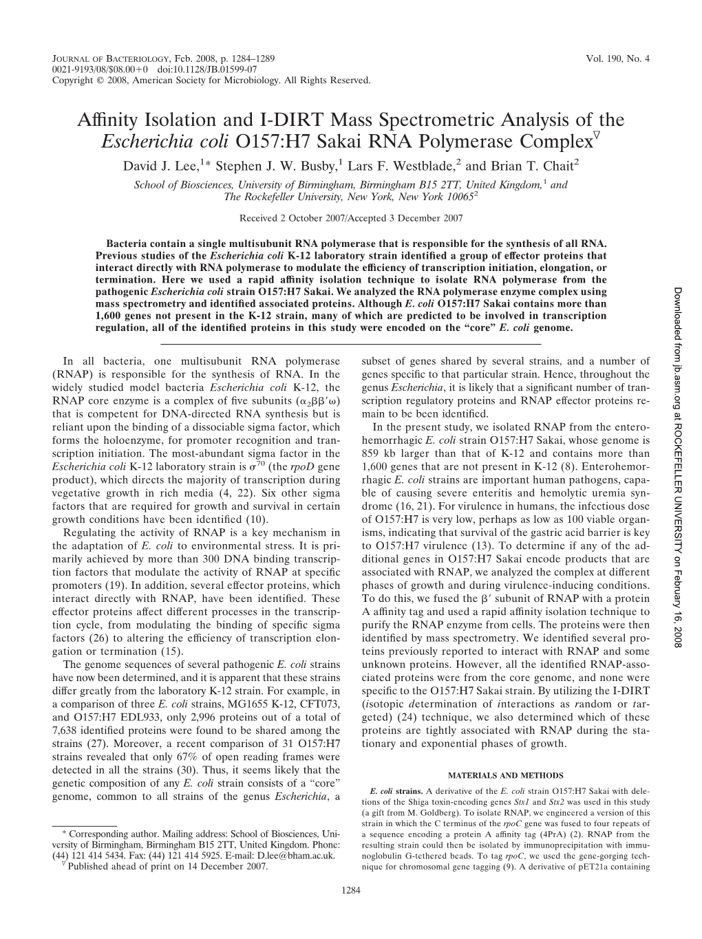 Affinity Isolation and I-DIRT Mass Spectrometric Analysis of The