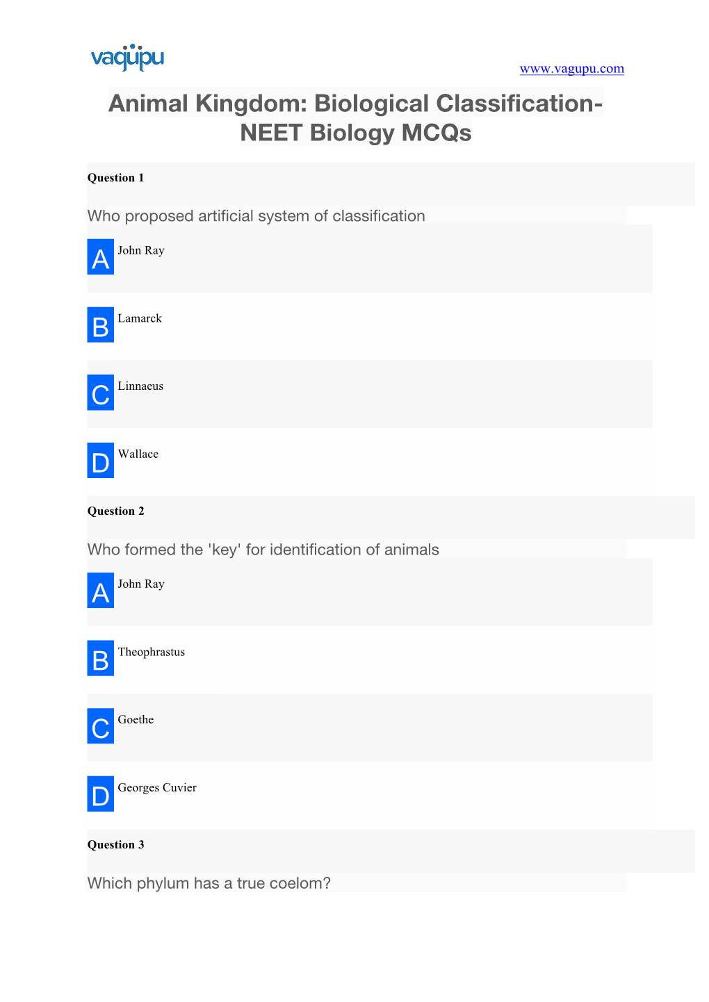 Animal Kingdom: Biological Classification- NEET Biology Mcqs