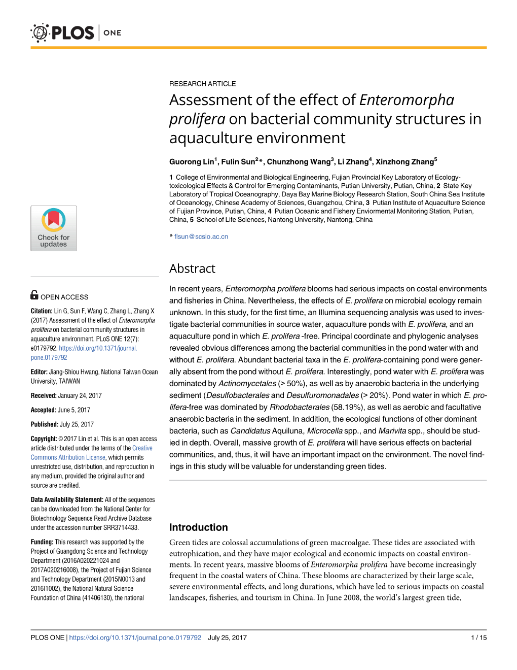 Assessment of the Effect of Enteromorpha Prolifera on Bacterial Community Structures in Aquaculture Environment