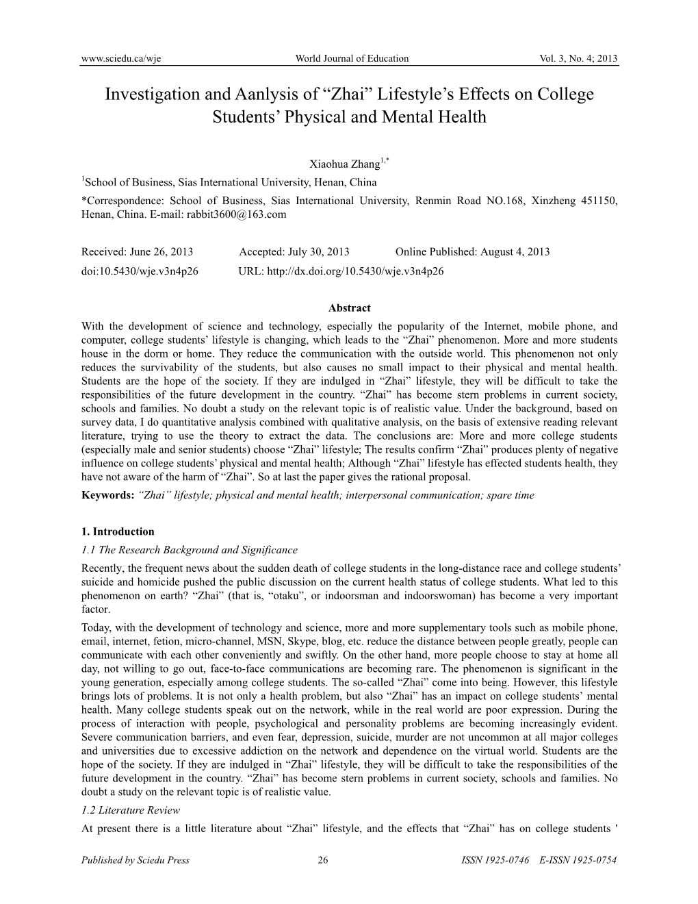 Zhai” Lifestyle’S Effects on College Students’ Physical and Mental Health