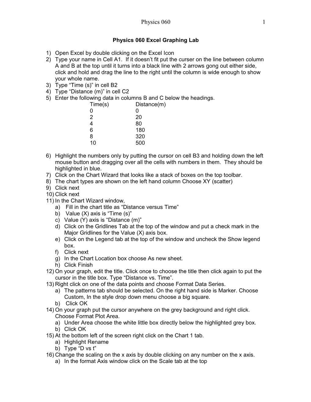 Physics 060 Excel Graphing Lab