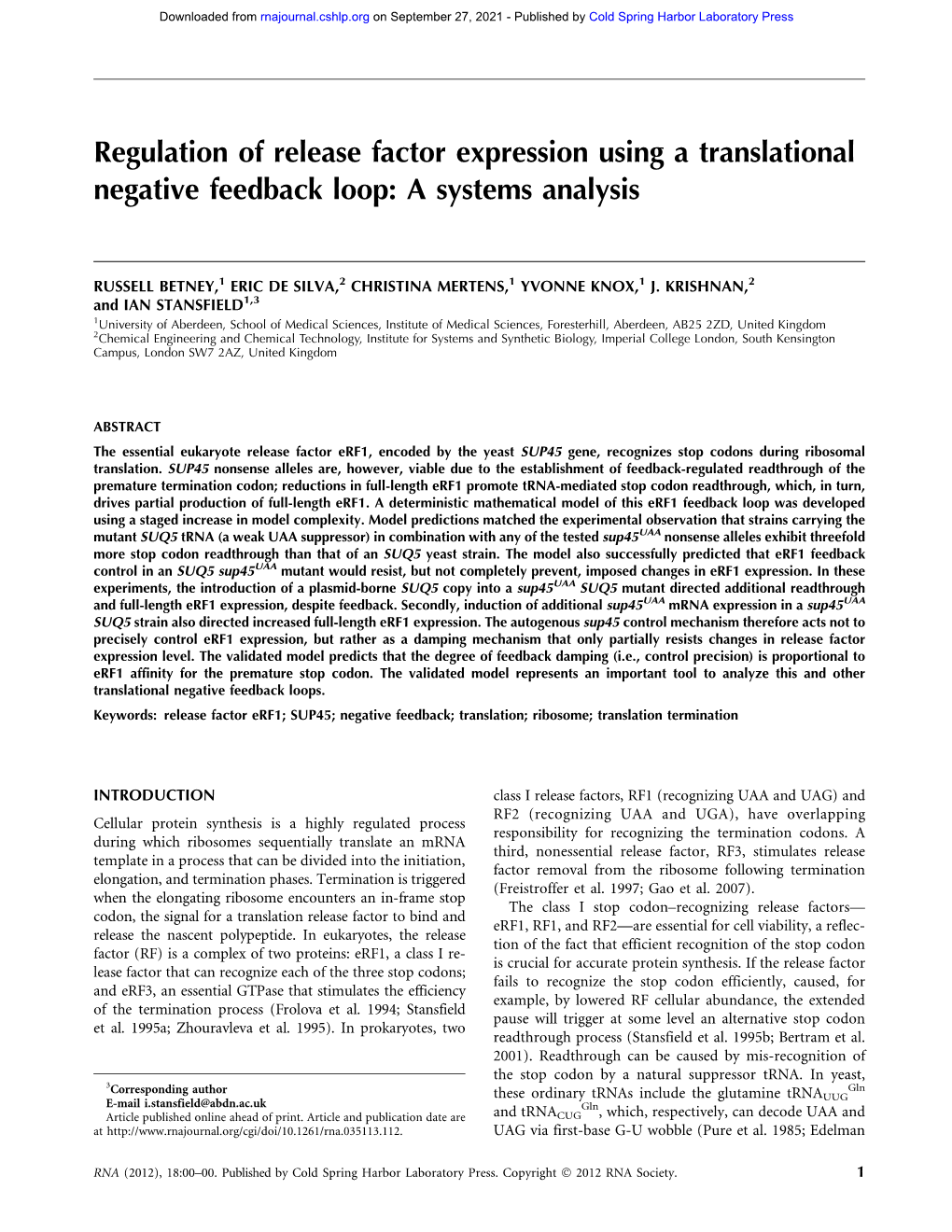 Regulation of Release Factor Expression Using a Translational Negative Feedback Loop: a Systems Analysis