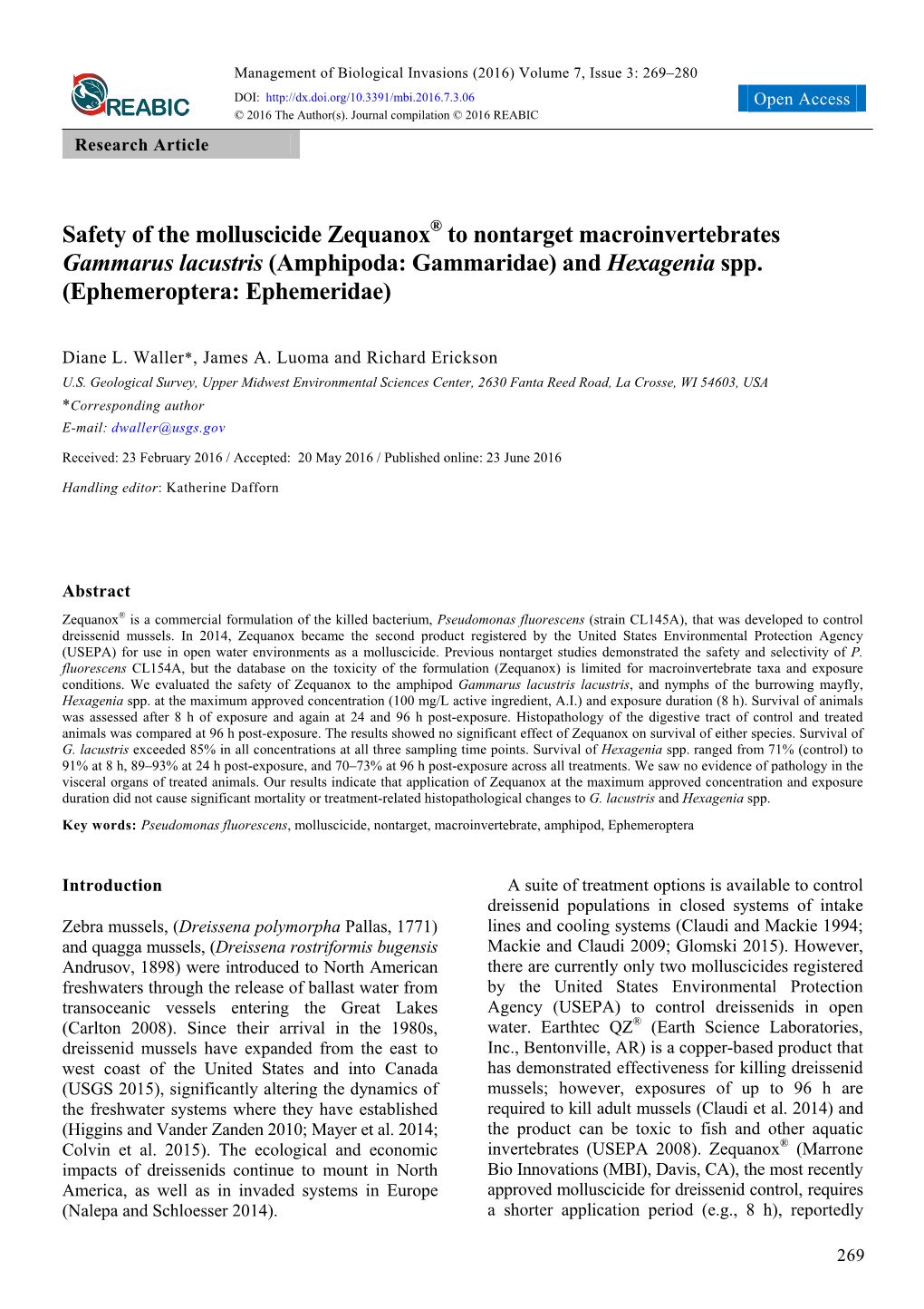 Safety of the Molluscicide Zequanox® to Nontarget Macroinvertebrates Gammarus Lacustris (Amphipoda: Gammaridae) and Hexagenia Spp