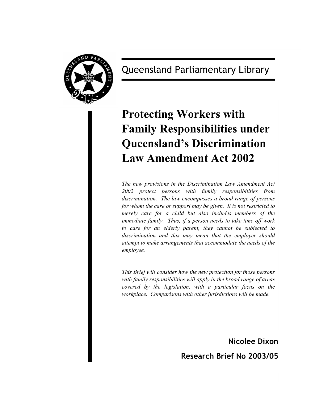 Protecting Workers with Family Responsibilities Under Queensland's Discrimination Law Amendment Act 2002