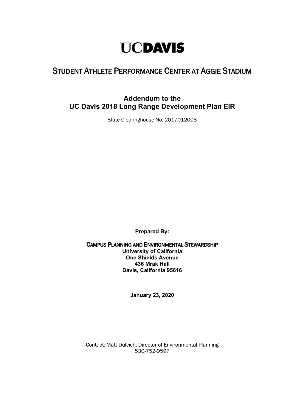 Addendum to the UC Davis 2018 Long Range Development Plan EIR
