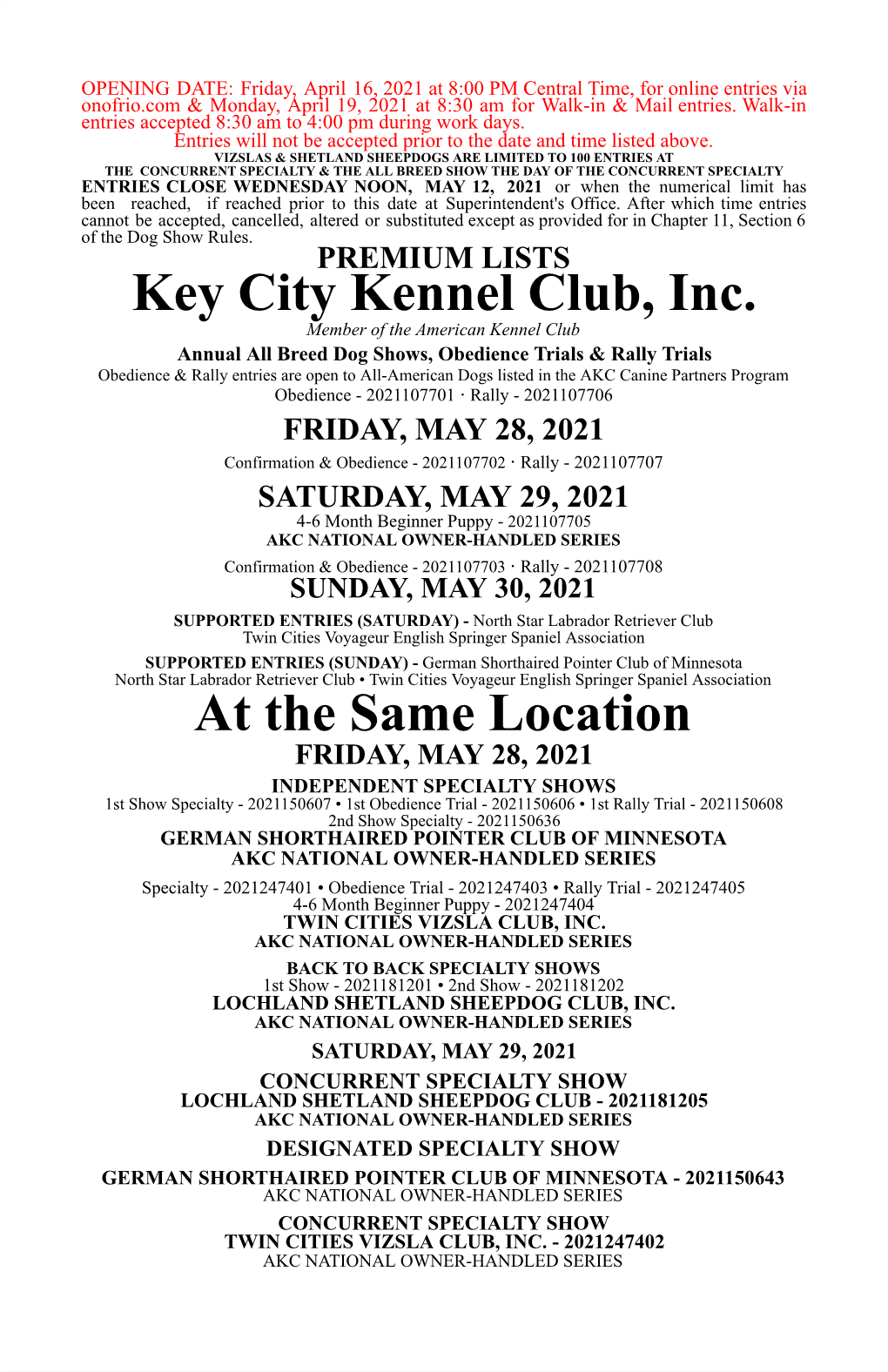Key City Kennel Club, Inc. at the Same Location