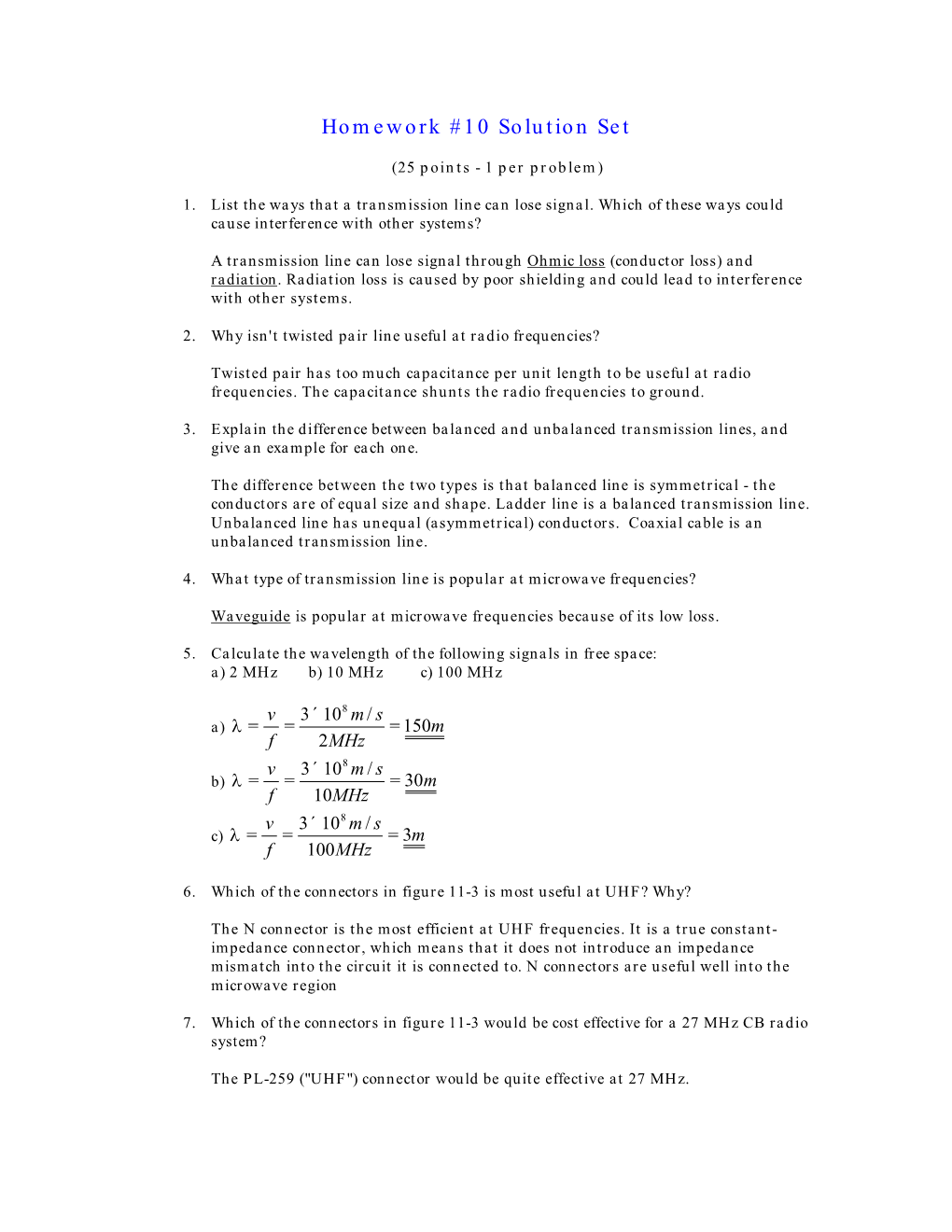 Homework #10 Solution Set