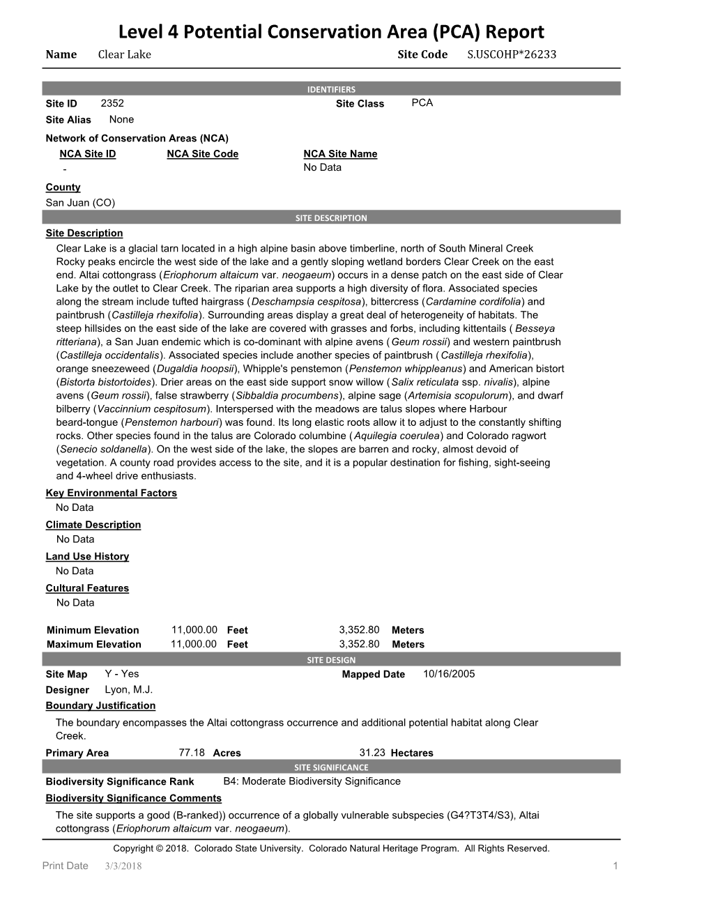 Level 4 Potential Conservation Area (PCA) Report Name Clear Lake Site Code S.USCOHP*26233