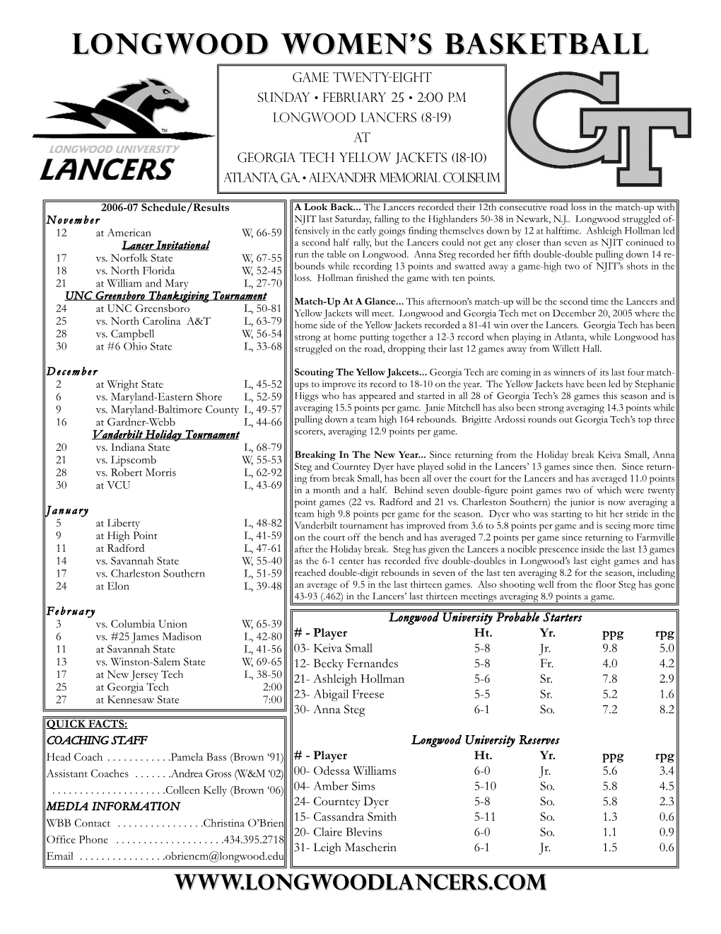 Longwood Women's Basketball Longwood Combined Team Statistics (As of Feb 18, 2007) All Games