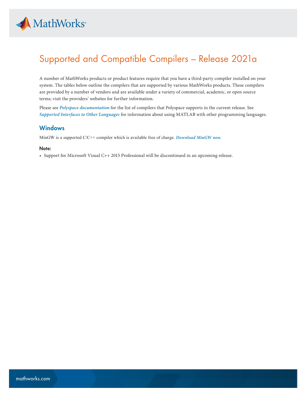 Supported and Compatible Compilers – Release 2021A