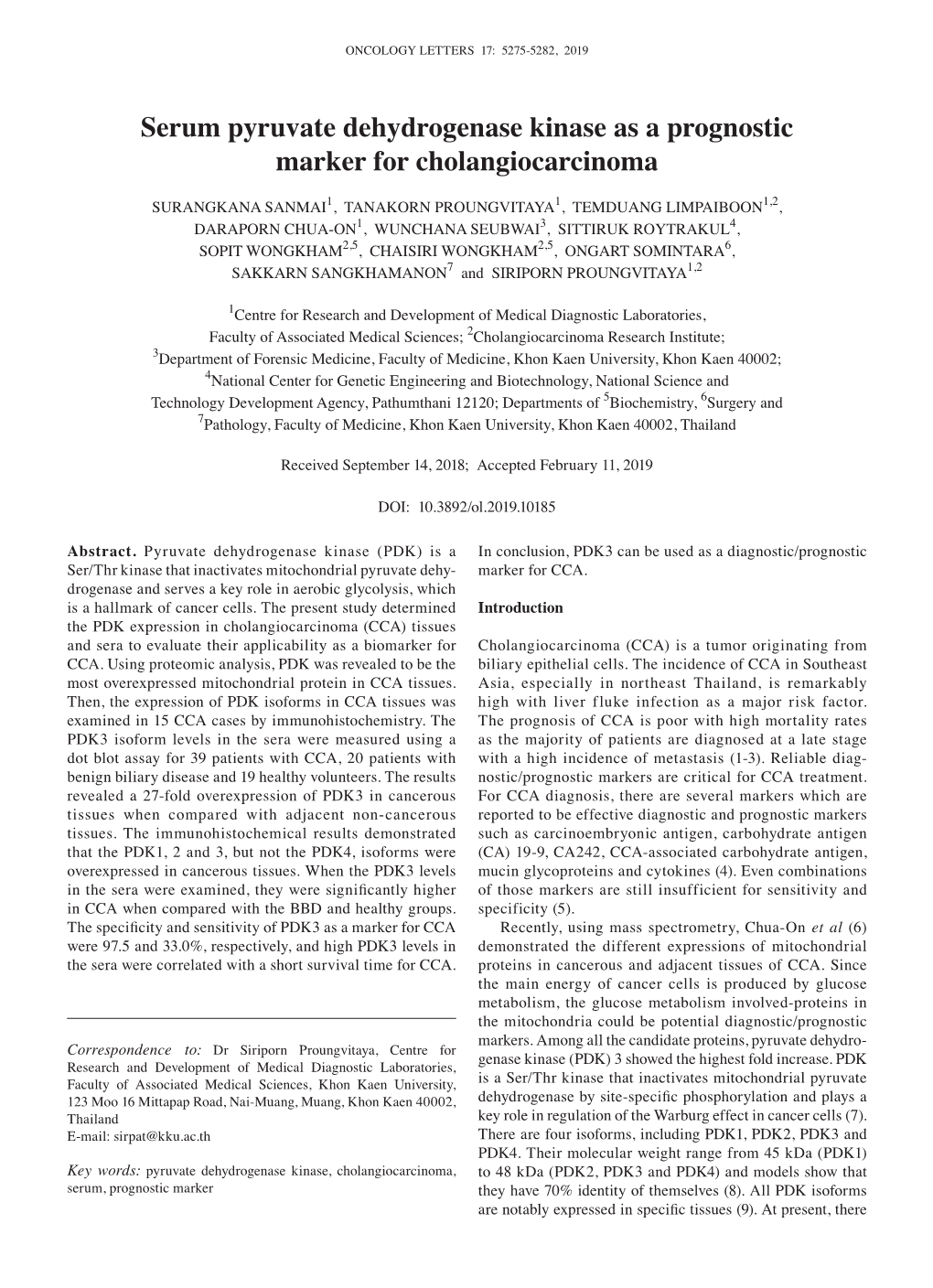 Serum Pyruvate Dehydrogenase Kinase As a Prognostic Marker for Cholangiocarcinoma