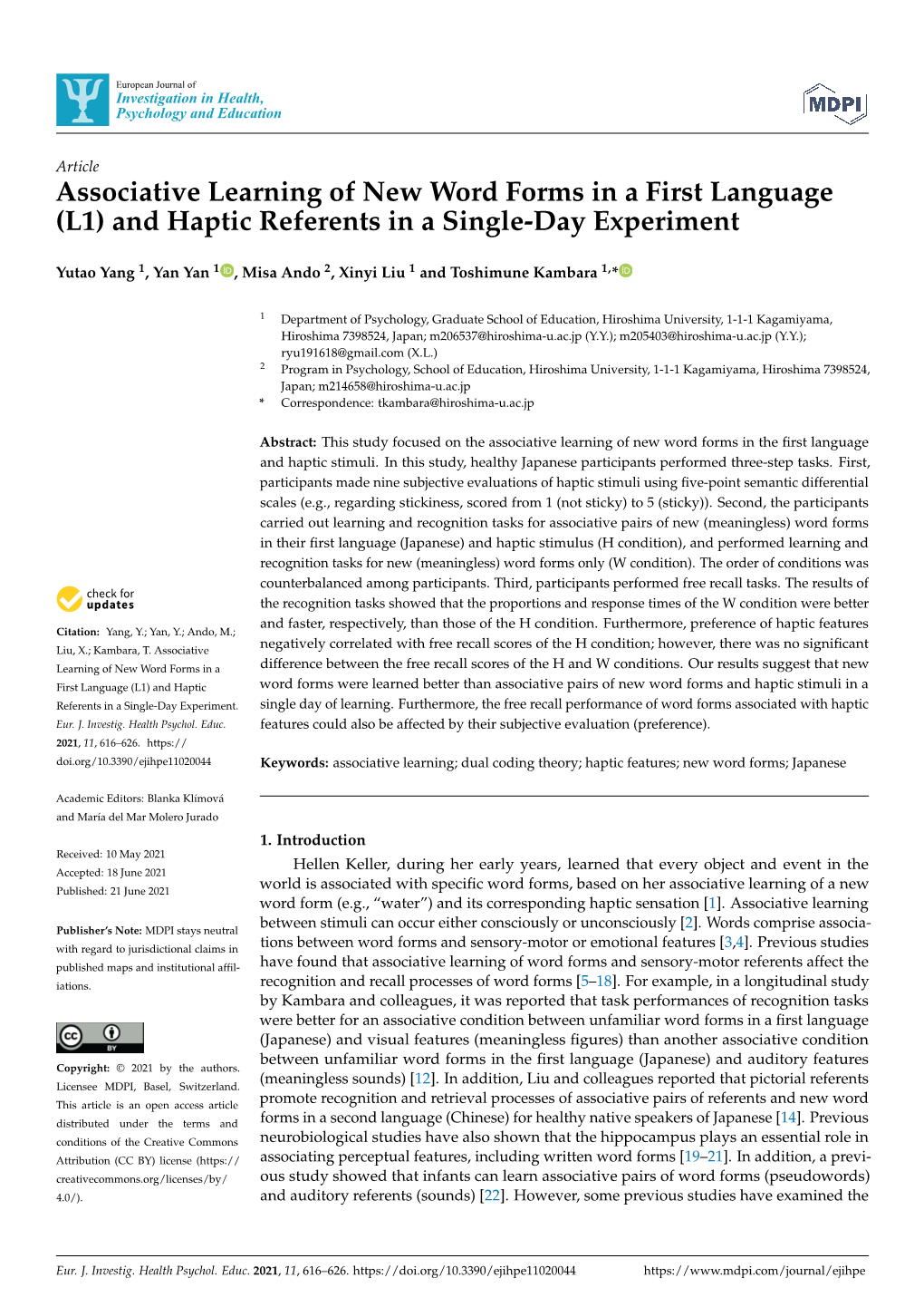 Associative Learning of New Word Forms in a First Language (L1) and Haptic Referents in a Single-Day Experiment