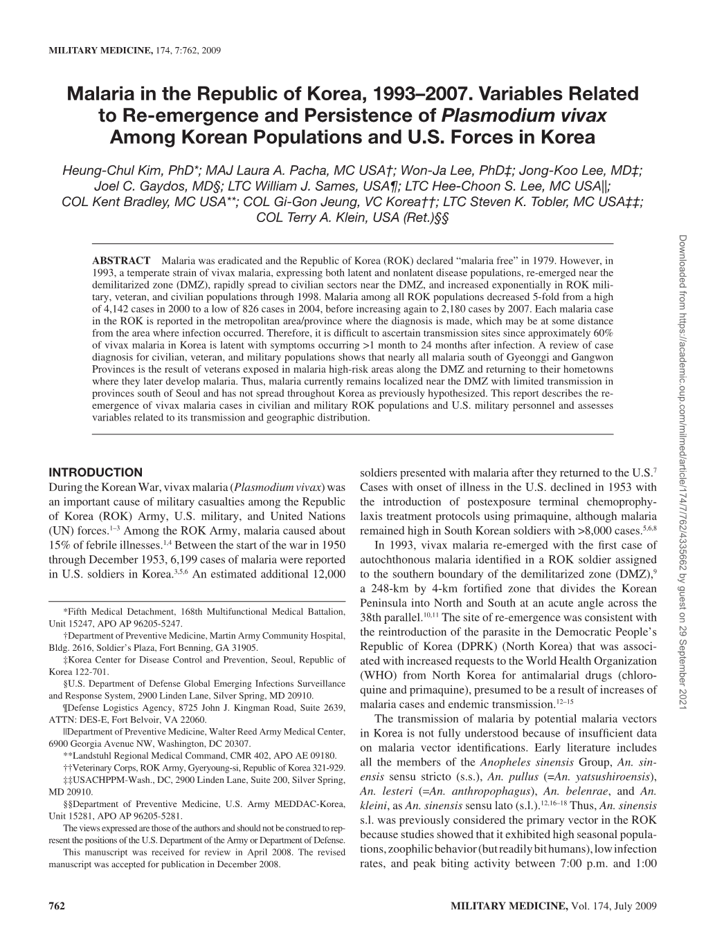 Malaria in the Republic of Korea, 1993–2007. Variables Related to Re-Emergence and Persistence of Plasmodium Vivax Among Korean Populations and U.S