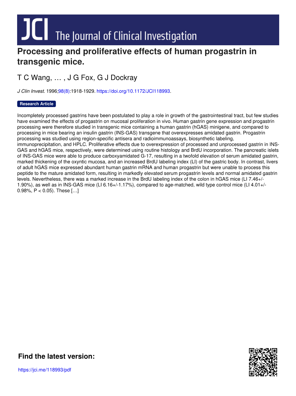 Processing and Proliferative Effects of Human Progastrin in Transgenic Mice
