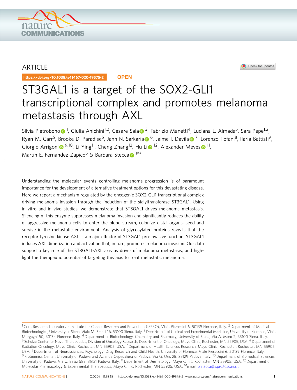 ST3GAL1 Is a Target of the SOX2-GLI1 Transcriptional Complex and Promotes Melanoma Metastasis Through AXL