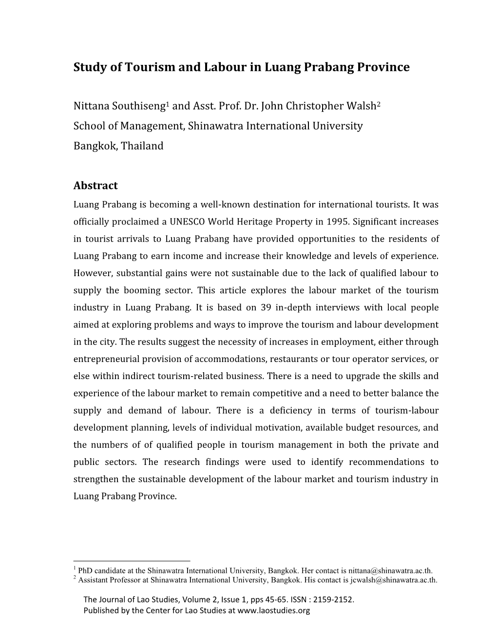 Study of Tourism and Labour in Luang Prabang Province