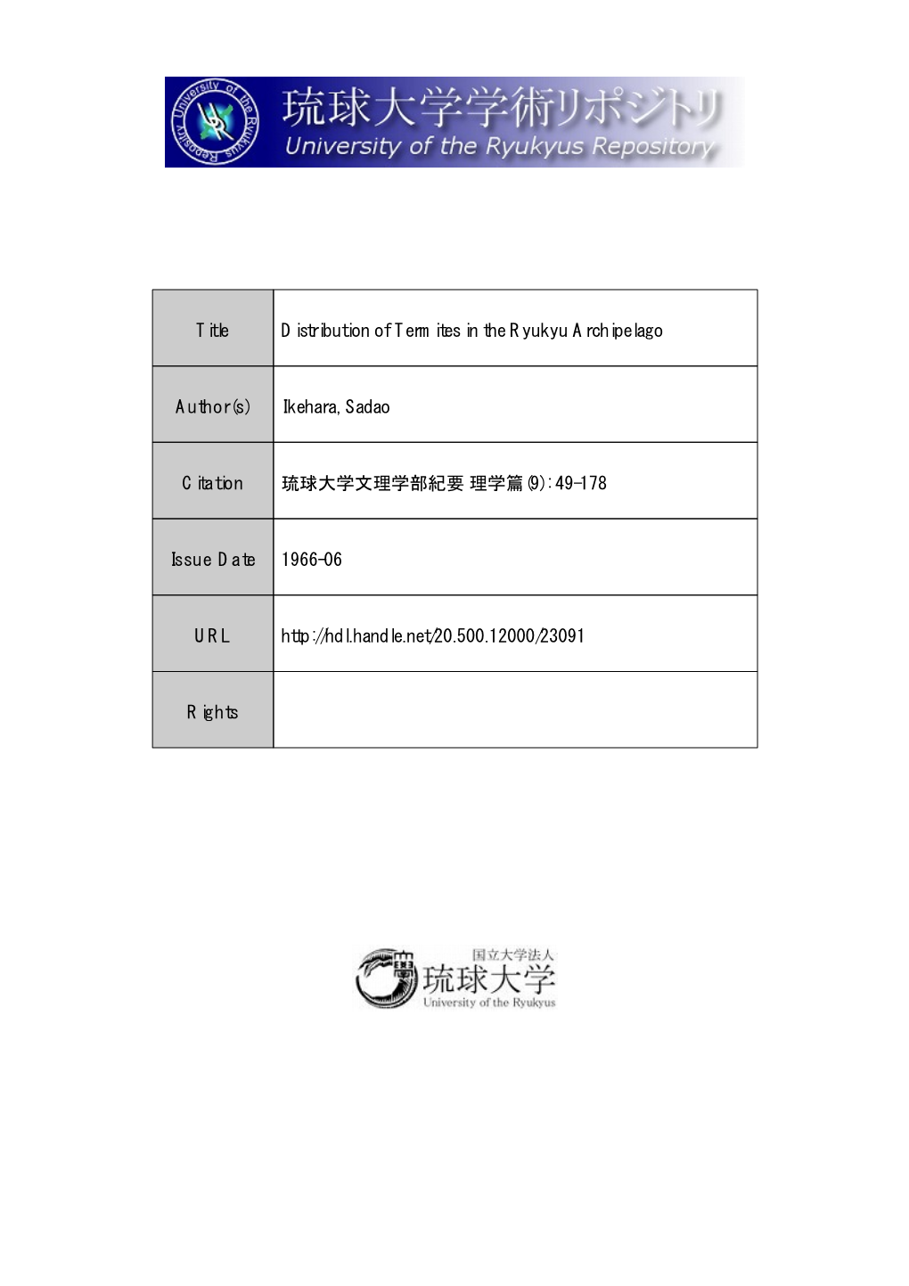 Title Distribution of Termites in the Ryukyu Archipelago Author