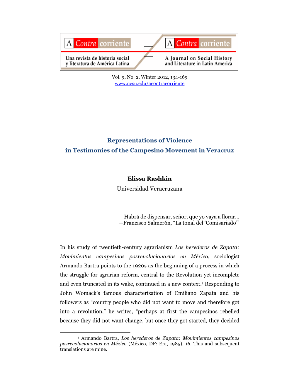 Representations of Violence in Testimonies of the Campesino Movement in Veracruz Elissa Rashkin Universidad Veracruzana