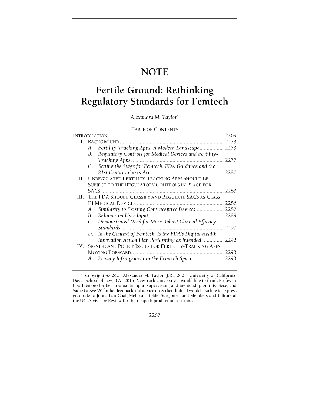 NOTE Fertile Ground: Rethinking Regulatory Standards for Femtech