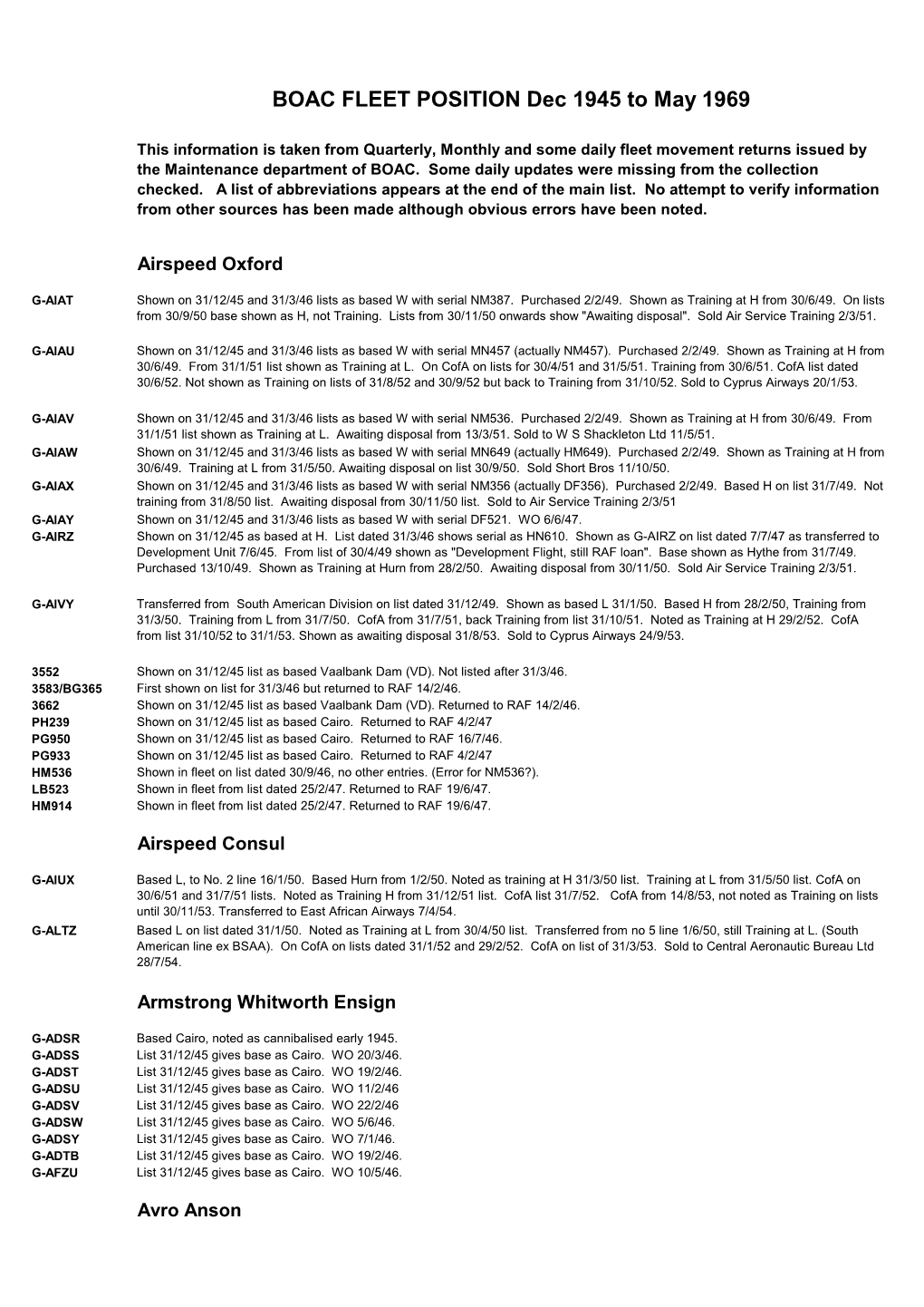 BOAC FLEET POSITION Dec 1945 to May 1969