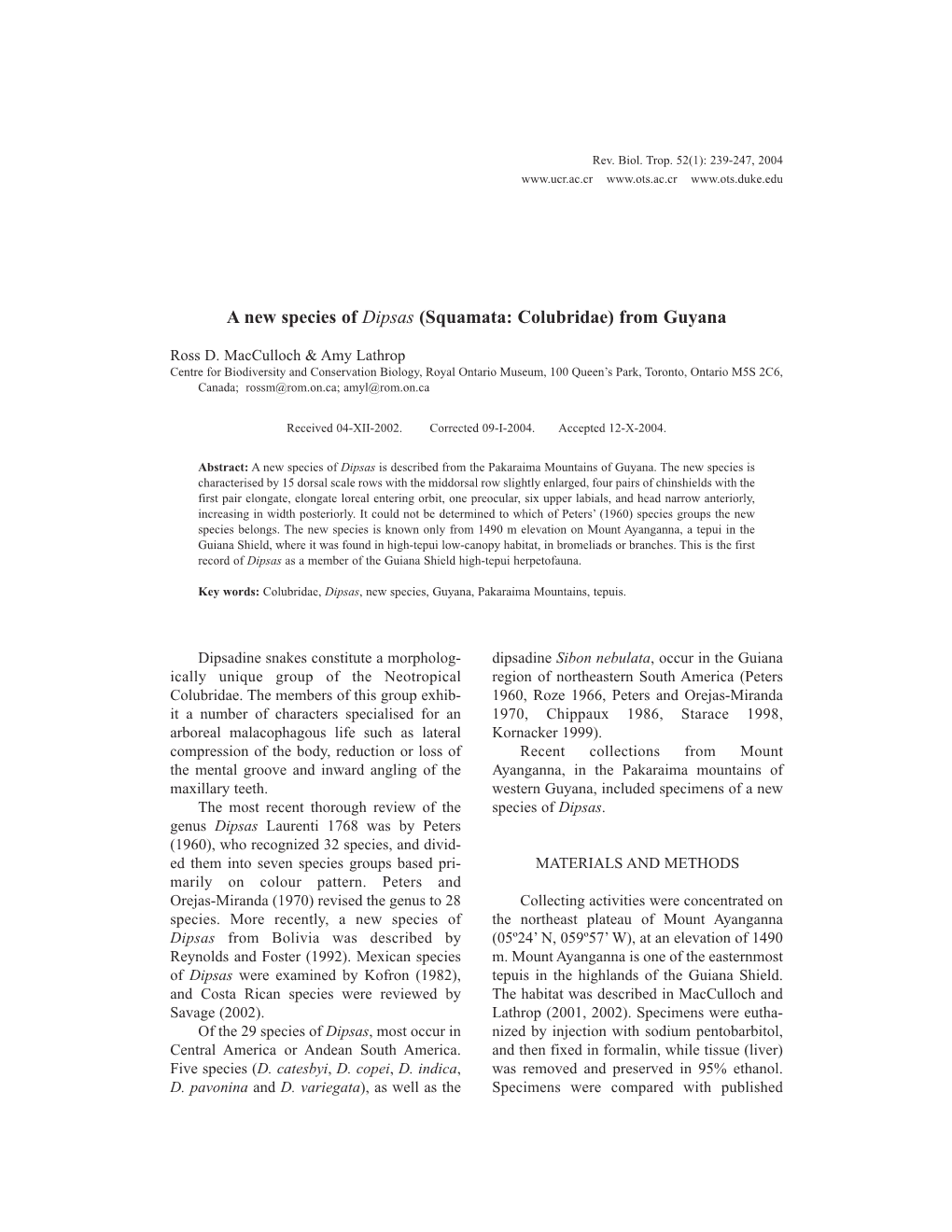 A New Species of Dipsas (Squamata: Colubridae) from Guyana