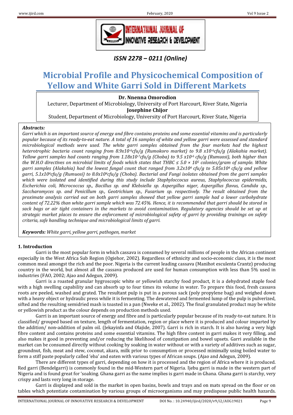 Microbial Profile and Physicochemical Composition of Yellow and White Garri Sold in Different Markets