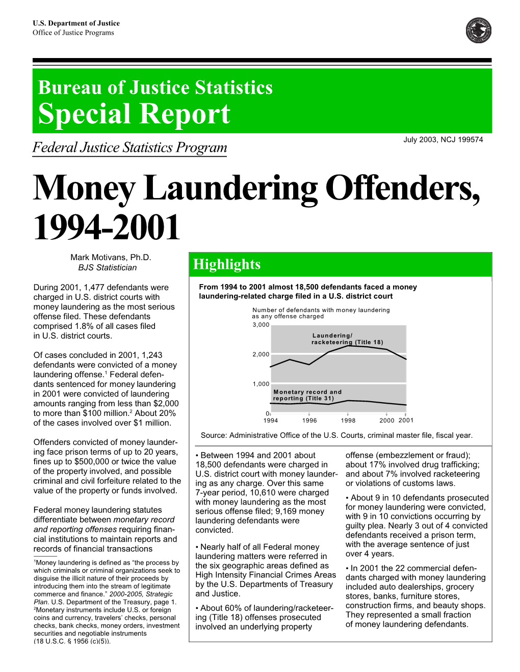 Money Laundering Offenders, 1994-2001 Mark Motivans, Ph.D