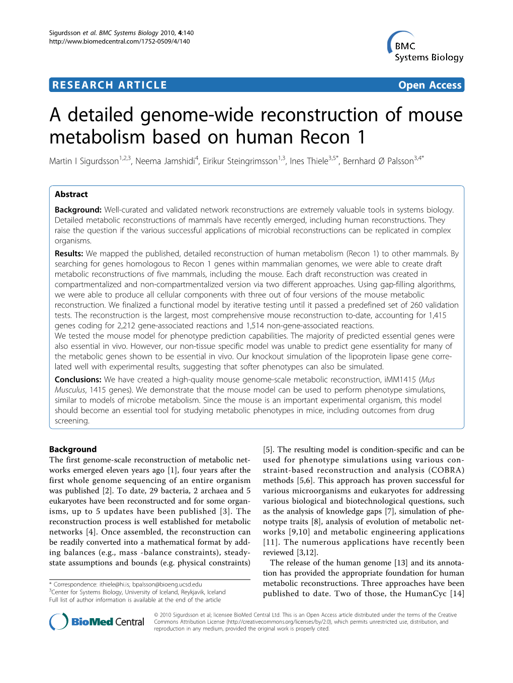 A Detailed Genome-Wide Reconstruction of Mouse Metabolism Based on Human Recon 1