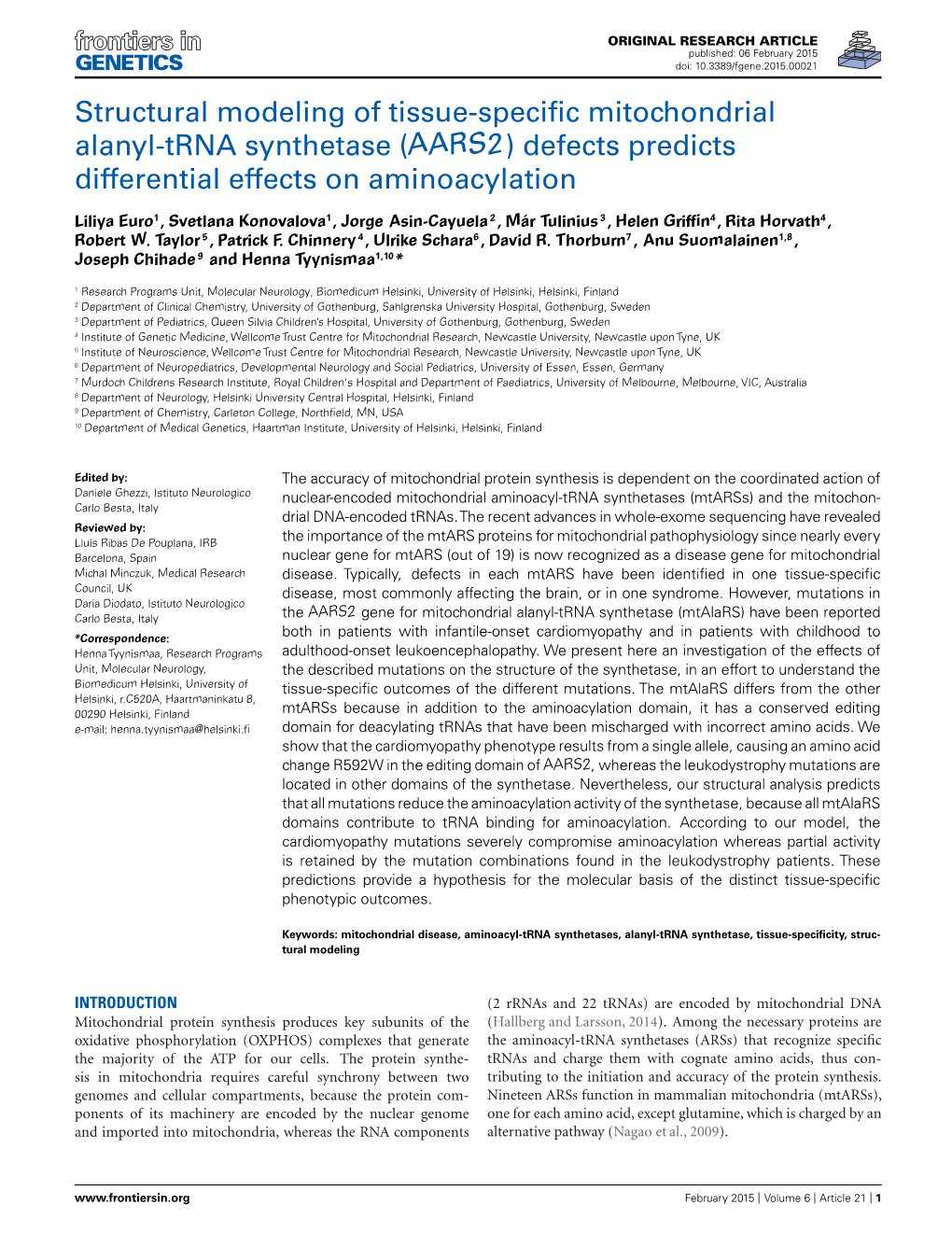 Structural Modeling of Tissue-Specific Mitochondrial Alanyl-Trna Synthetase (AARS2) Defects Predicts Differential Effects On