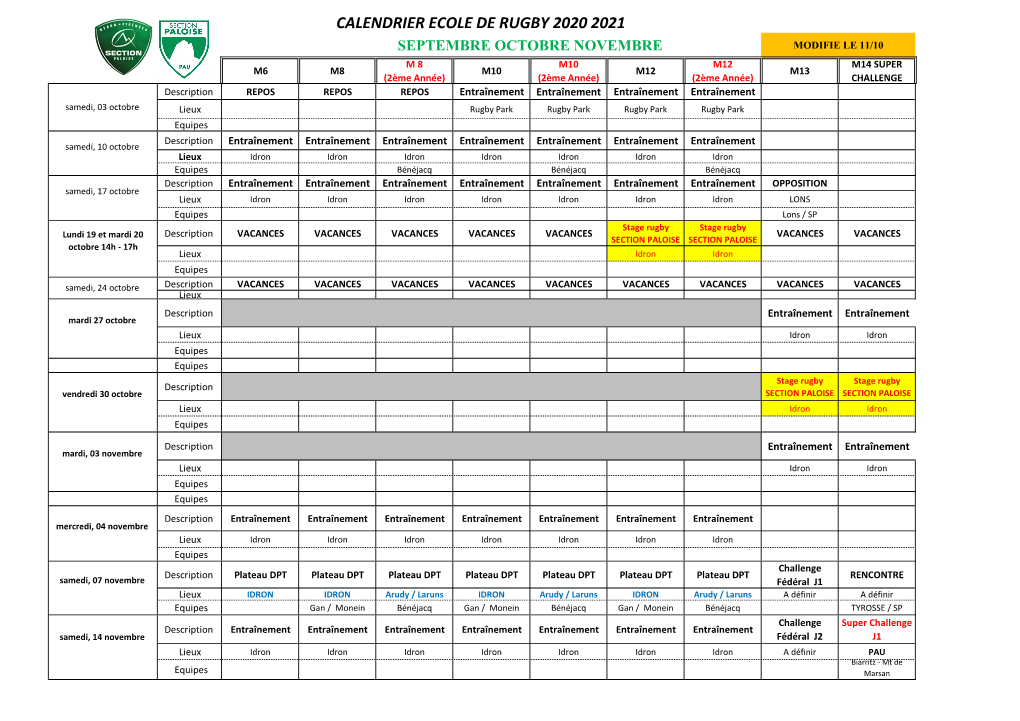 Calendrier Edr 2020/2021