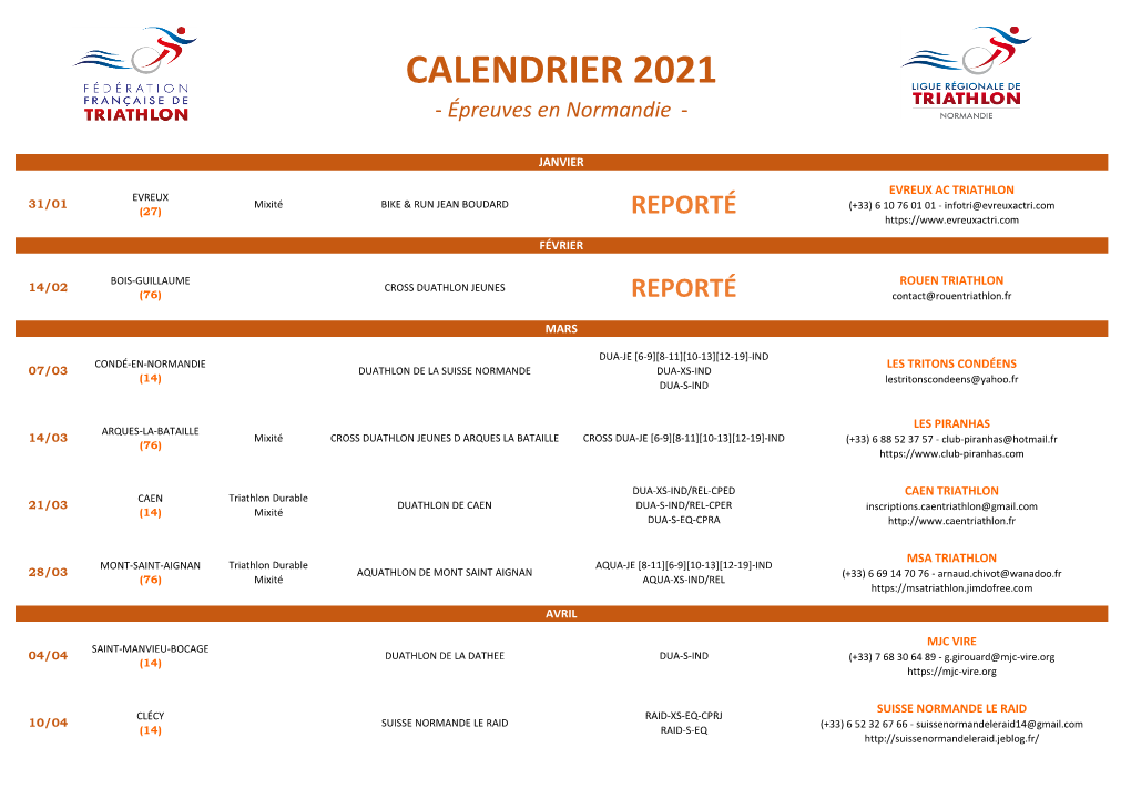 CALENDRIER 2021 - Épreuves En Normandie