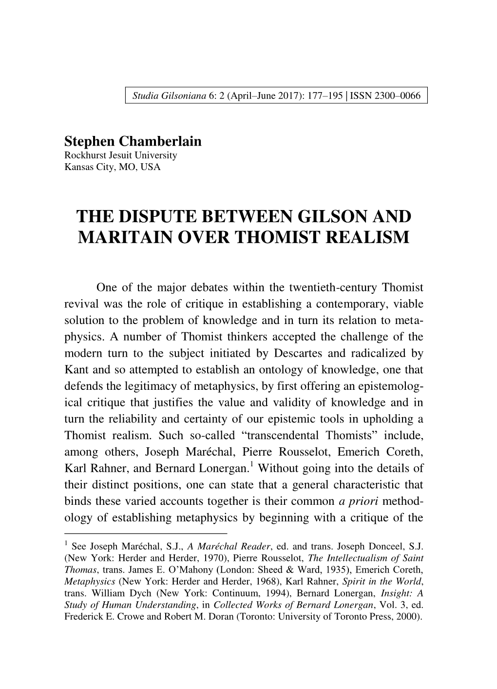 The Dispute Between Gilson and Maritain Over Thomist Realism