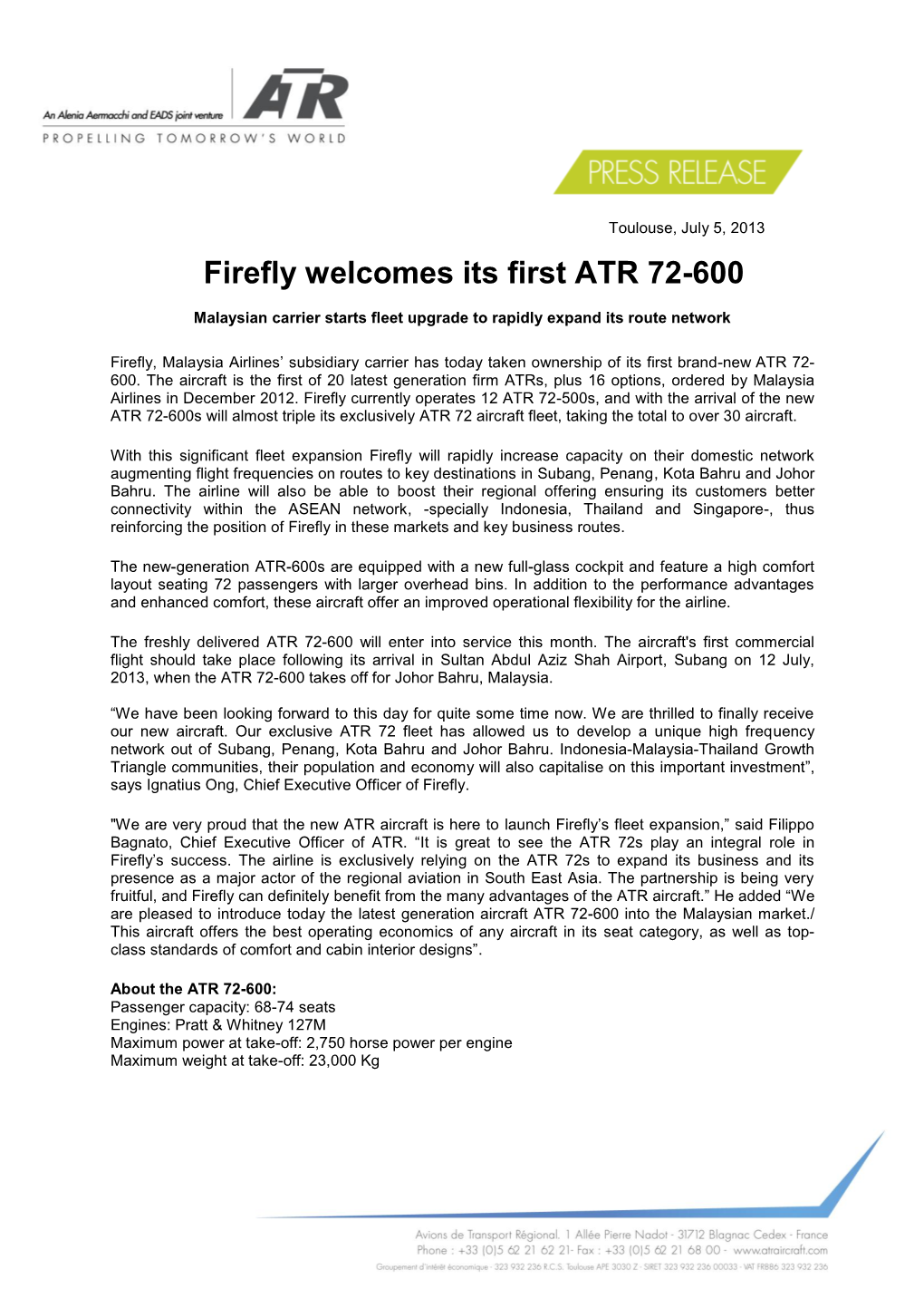 Firefly Welcomes Its First ATR 72-600